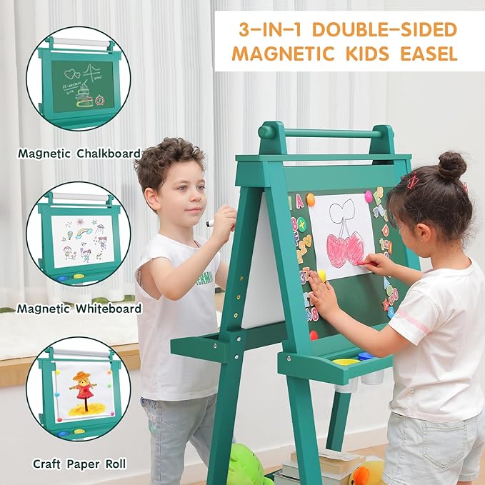Easel for Kids Deluxe Foldable All-in-1 Toddler Easel with Paper Roll& 84pcs Accessories Magnetic Chalk-Whiteboard Art Center for Kids 3 4 5 6 7 8 Years Old Boys Girls-Green