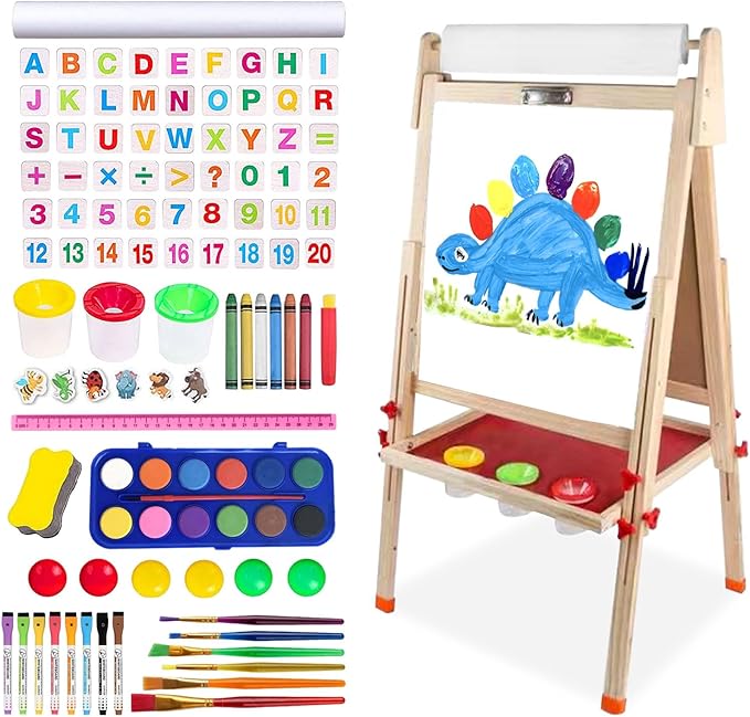 Easel for Kids Including 100+ Accessories - White Board for Kids and Black Board Double Sided Adjustable Wooden Kids Easel with 1 Drawing Paper Roll Wooden Magnetic Drawing Board for Kids