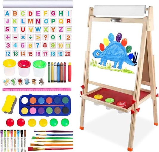 Easel for Kids Including 100+ Accessories - White Board for Kids and Black Board Double Sided Adjustable Wooden Kids Easel with 1 Drawing Paper Roll Wooden Magnetic Drawing Board for Kids