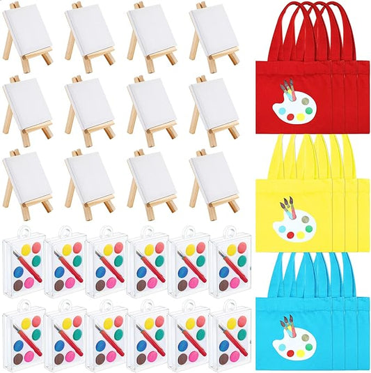 Zhengmy 24 Set Watercolor Paint Art Party Favors Mini Paint Sets Canvas Tote Bags Goodie Bags 3'' x 3'' Painting Canvas Panel with Wooden Easel Set for Valentine Sip and Paint Party
