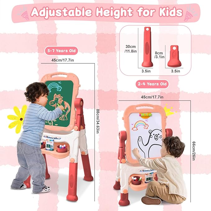 Easel for Kids, Double Sided Kids Art Easel with White Board & Chalk Board, Adjustable Standing Toddler Easel with Drawing & Writing Accessories, Toy for Age 2-4 Boys Girls Birthday Gifts (Pink)