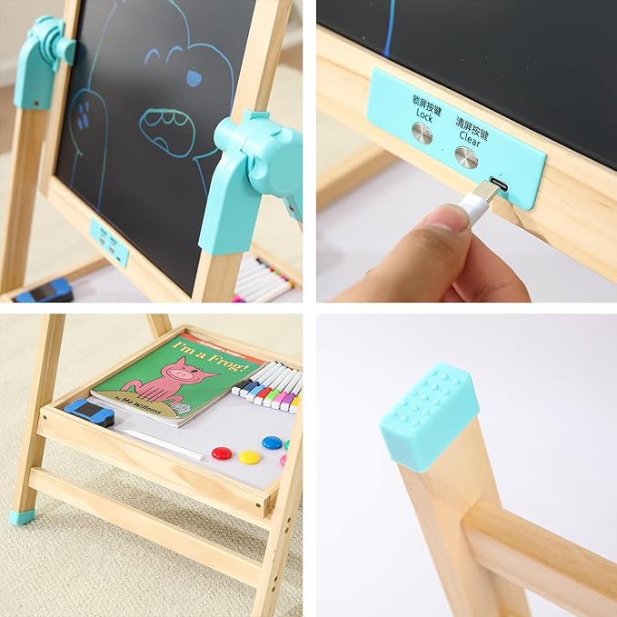 Easel for Kids,Adjustable Toddler Art Easels with LCD Doodle Board,Magnetic White Board and Chalk Board with Art Supplies (ML-0036-002)