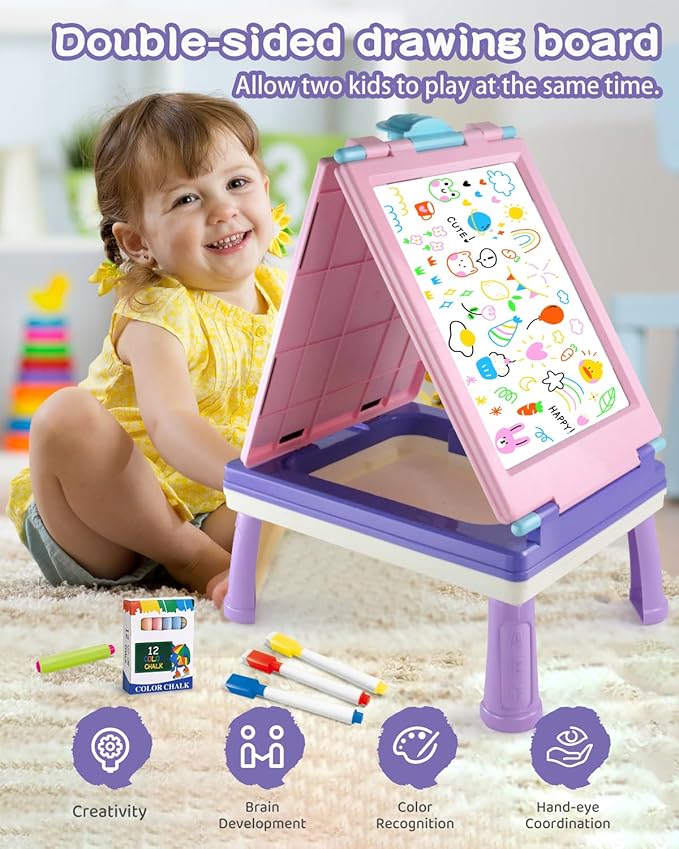 Easel for Kids, 4 in 1 Double Sided Toddler Art Easel with Chalkboard & Magnetic Whiteboard, Foldable Kid Tabletop Easel with Drawing & Writing Accessories - Educational Gift for Girl (Purple)