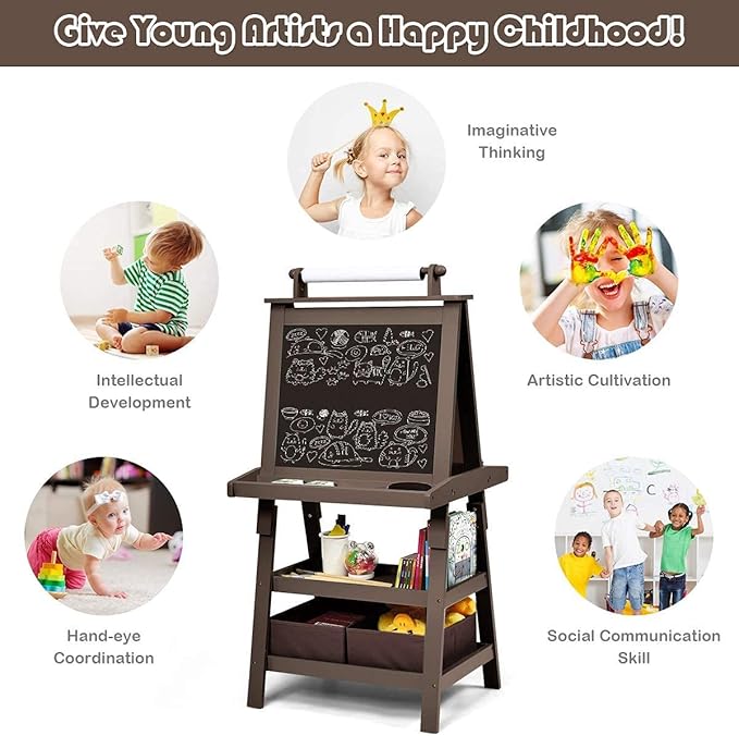 MAT Expert Kids Art Easel, 2-Side Child Easel w/Magnetic Whiteboard, Chalkboard & Paper Roll, Storage Easel w/2-Tier Rack & 2 Storage Boxes, 3 in 1 Toddler Art Craft Supply Drawing Easel (Coffee)