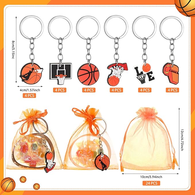 ShinyRelief 72 Pcs Basketball Party Favors Included 24 Motivational Silicone Wristbands 24 Basketball Keychains 24 Organza Bags for for Basketball Birthday Decorations Team Gift
