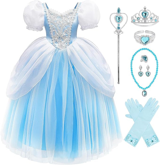 Princess Cinderella Halloween Costume with Accessories for Girls, Birthday Party Cinderella Cosplay Dress Up, Blue