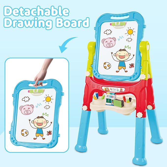deAO Art Easel Toys for Kids, 4-in-1 Double Magnetic Drawing Board Adjustable Standing Rotatable Sidewalk Chalk with Painting Writing Accessories, Easel Toys Birthday Gifts for Girls Boy (Blue)