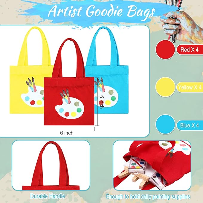 Zhengmy 24 Set Watercolor Paint Art Party Favors Mini Paint Sets Canvas Tote Bags Goodie Bags 3'' x 3'' Painting Canvas Panel with Wooden Easel Set for Valentine Sip and Paint Party