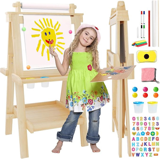 Easel for Kids Deluxe Foldable All-in-1 Toddler Easel with Paper Roll& 84pcs Accessories Magnetic Chalk-Whiteboard Art Center for Kids 3 4 5 6 7 8 Years Old Boys Girls-Natural Wood