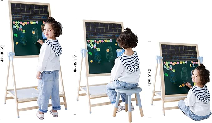 QZMTOY Kids Art Easel, Deluxe Standing Easel Set, Adjustable Art Table, Dry Erase Board&Chalkboard Double Sided Stand, 360°Rotating Drawing Easels with Art Supplies, Adjust Height 28-39in