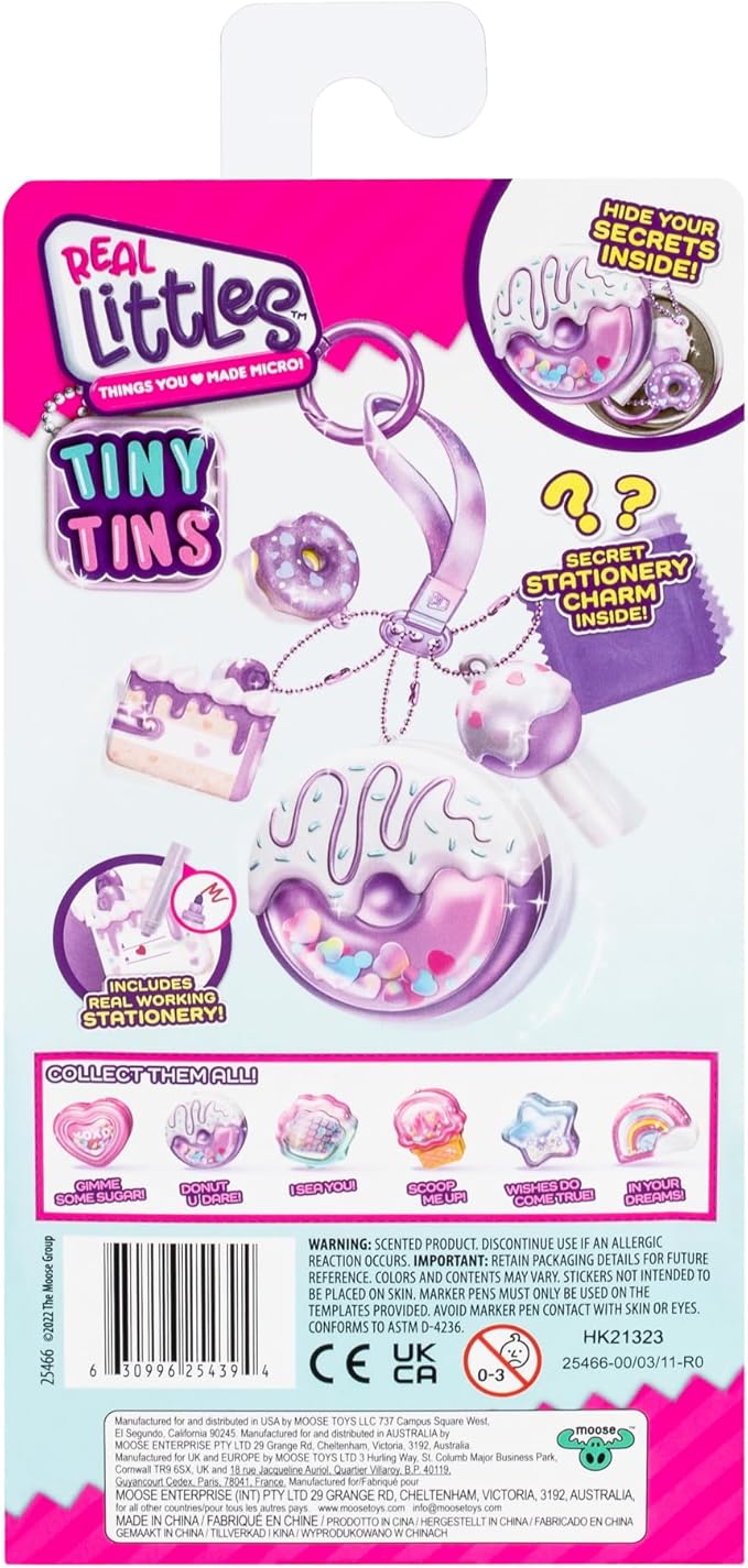 REAL LITTLES Keychain, Tiny Tins with 4 Charms, Real Working Stationery, 6 to Collect, Multicolor