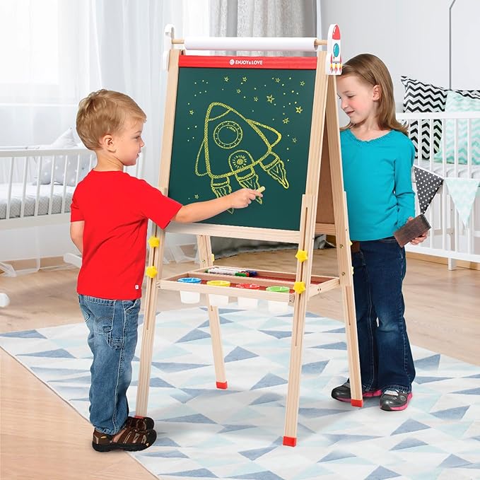 Easel for Kids Art Easel with Paper Roll, Wooden Toddler Easel for Kids Ages 2-4 4-8 8-12, Kids Painting Easel with Double Sided Chalkboard Whiteboard and Folding Storage Tray, Gift for Boys Girls