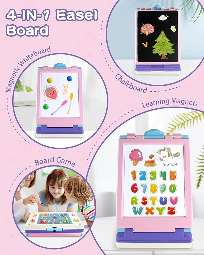 Easel for Kids, 4 in 1 Double Sided Toddler Art Easel with Chalkboard & Magnetic Whiteboard, Foldable Kid Tabletop Easel with Drawing & Writing Accessories - Educational Gift for Girl (Purple)