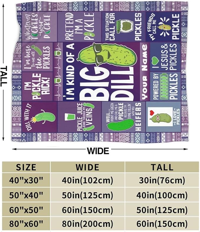 Custom Pickle Blanket with Name for Women Men, Personalized Cute Pickle Themed Design Printed Throw Blankets for Teens Adults Lap, Chair Sofa, Giftable Blanket, 50"x 60"