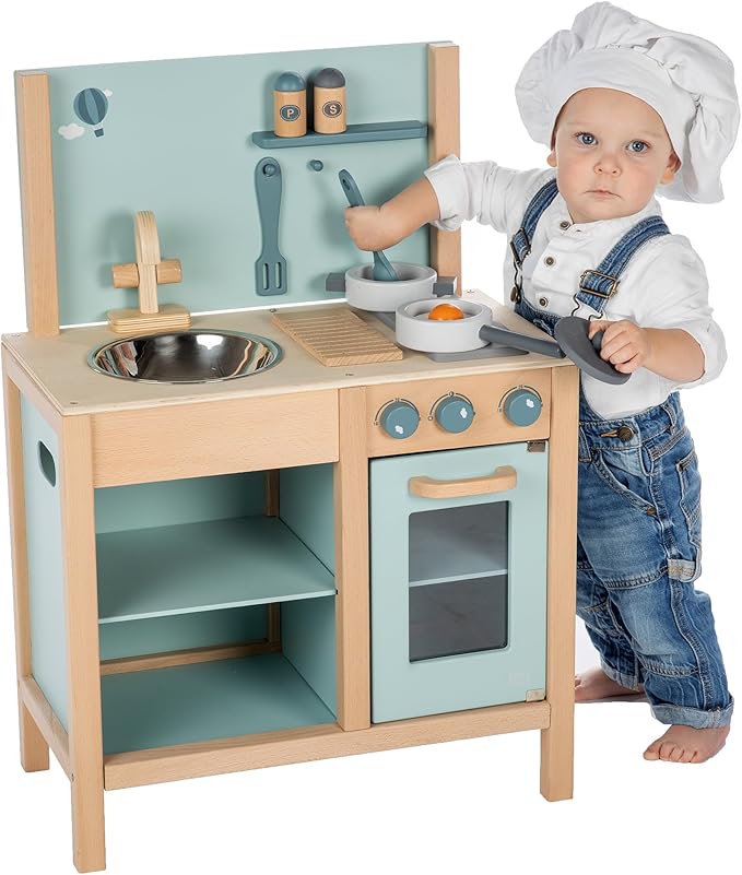 Wooden Kitchen Play Set - Green - Standing Appliance Toy, Cooking & Food Accessories, Storage-Oven-Sink, Pretend Play Station, Kid Age 3+