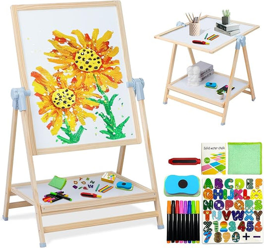 Easel for Kids, Weudear Kids Easel Double Sided Wooden Easel Standing, 4 in 1 White Board & Magnetic Drawing Board & Tabletop Easel, Art Easel for Kids 3-4 4-8 9-12 Height Adjustable 22-39inch