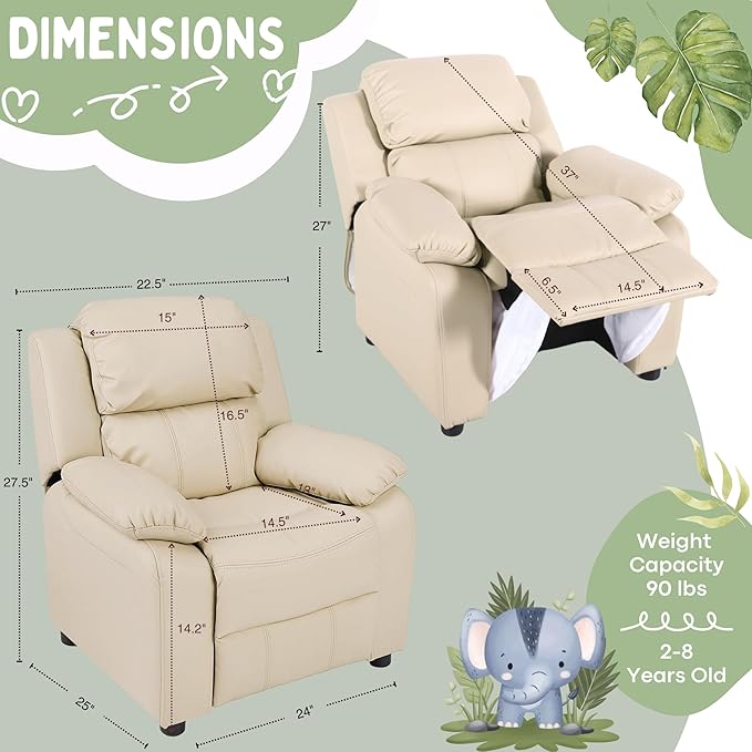 Macaron Kids Reclining Chair Recliner Dual Storage Armrest Leather Sofa Toddler Youth Children Child Ages 2-8
