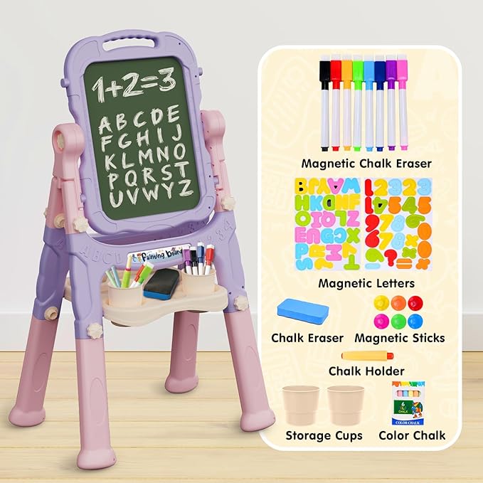 Easel for Kids, Kids Easel, Double-Sided Art Easel for Kid 3-4, Chalk Board Kid, Toddler Easel, White Board Kid, Kid Art Easel, Art Easel for Kid Age 4-8, Christmas Gift for Kids, Pink&Purple