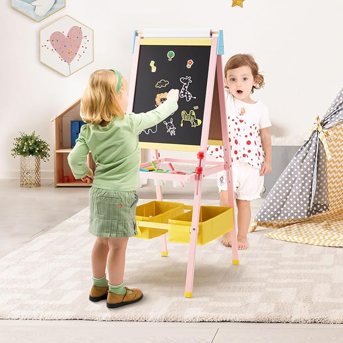 Easel for Kids Art Easel for Toddlers, Height Adjustable Kid Easel with Paper Roll, Toddler Art Easel with Double Sided Magnetic Board and Accessories, Perfect Painting Easel for Kids, Pink