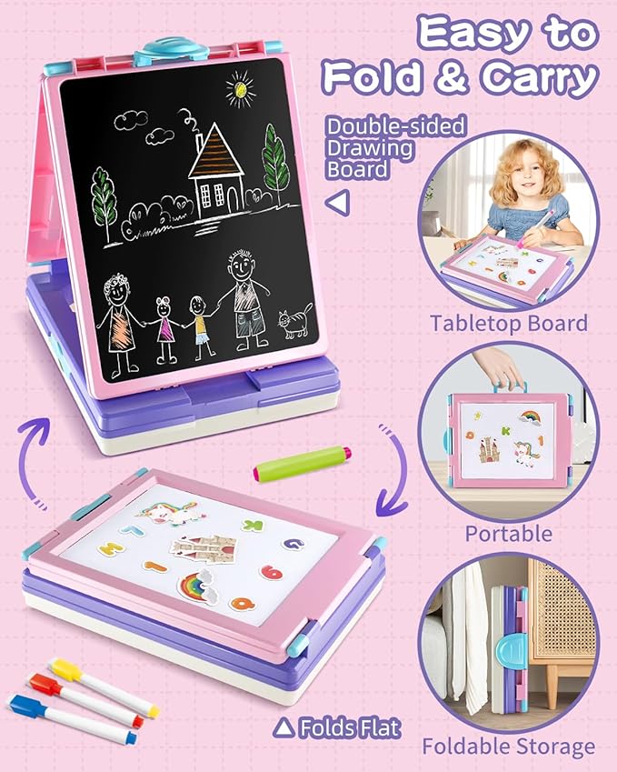 Easel for Kids, 4 in 1 Double Sided Toddler Art Easel with Chalkboard & Magnetic Whiteboard, Foldable Kid Tabletop Easel with Drawing & Writing Accessories - Educational Gift for Girl (Purple)