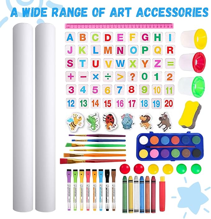Easel for Kids Including 100+ Accessories - White Board for Kids and Black Board Double Sided Adjustable Wooden Kids Easel with 1 Drawing Paper Roll Wooden Magnetic Drawing Board for Kids
