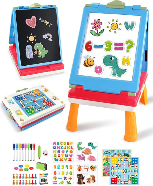 Easel for Kids, 4 in 1 Double Sided Toddler Art Easel with Chalkboard & Magnetic Whiteboard, Foldable Kids Tabletop Easel with Drawing & Writing Accessories - Gift for Boys and Girls (Blue)