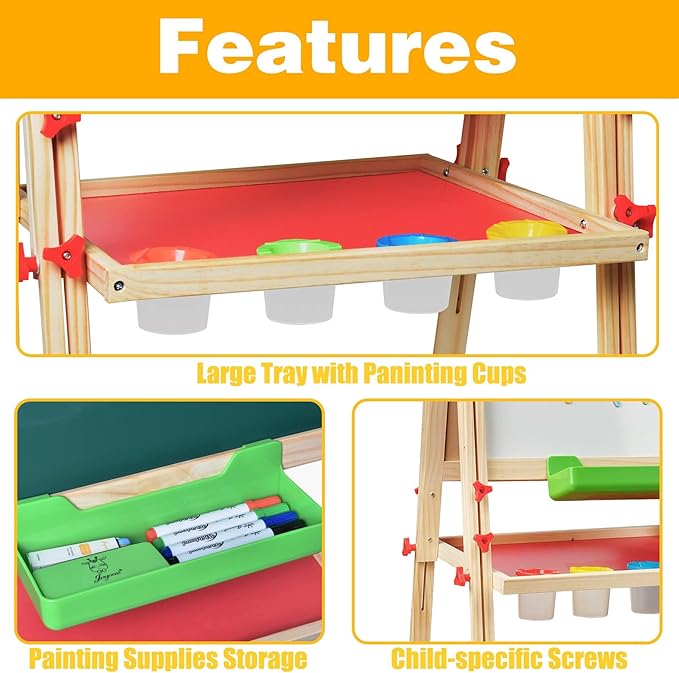 EAQ Easel for Kid,Height Adjustable Wooden Art Easel,Whiteboard Chalkboard with Paper Roll Holder,Letters and Numbers Magnets and Other Accessories Best Birthday Gift for Kids