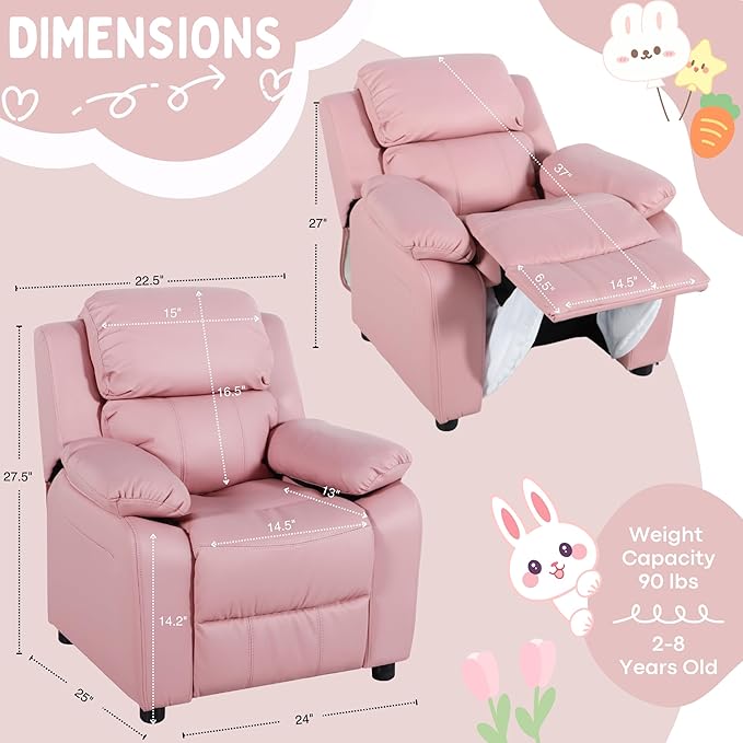 Macaron Kids Reclining Chair Recliner Dual Storage Armrest Leather Sofa Toddler Youth Children Child Ages 2-8