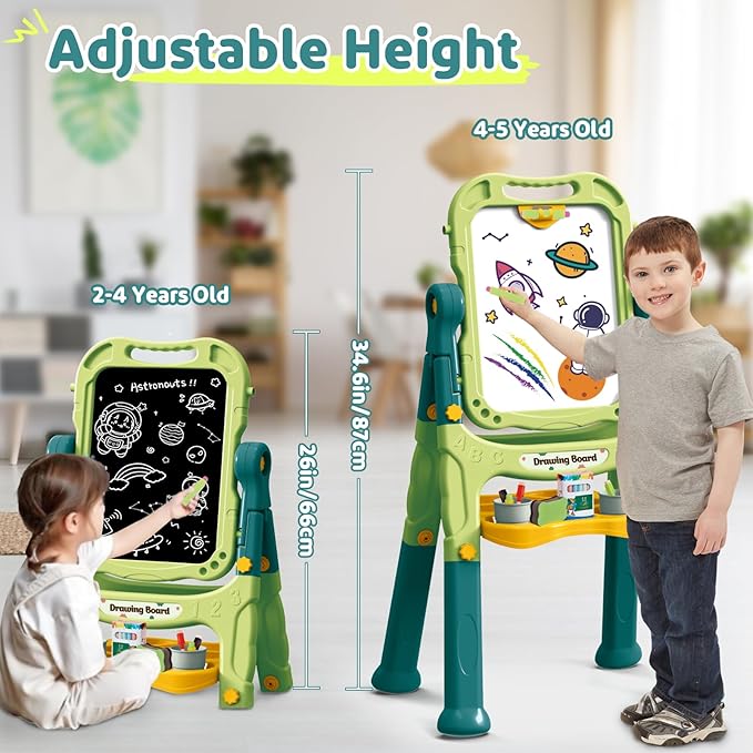 deAO Art Easel Toys for Kids, 4-in-1 Double Magnetic Drawing Board Adjustable Standing Rotatable Sidewalk Chalk with Painting Writing Accessories, Easel Toys Birthday Gifts for Girls Boy (Green)