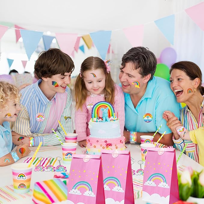 Rainbow Party Favors 110 PCS Slap Bracelets, Button Pins, Stickers, Temporary Tattoos, Key Chains and Gift Bags Girl Boy Kids Baby Shower Rainbow Unicorn Cloud Birthday Party Supplies Decorations