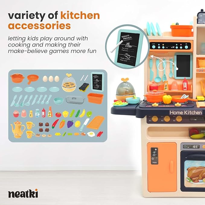 Kids' Play Kitchen Set, 65-Piece Toy Set for Toddlers, 27.95 x 11.22 x 36.81 Inch, with Functional Faucet, Realistic Steam Effects, Lights and Sounds (Blue)
