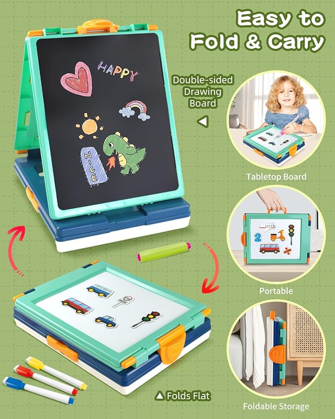 Easel for Kids,Tabletop Easel for Toddler, Foldable 4 in 1 Double Sided Kids Art Easel with Chalkboard & Magnetic Whiteboard,Portable Desktop Drawing Board - Gift for Boys and Girls (Green)