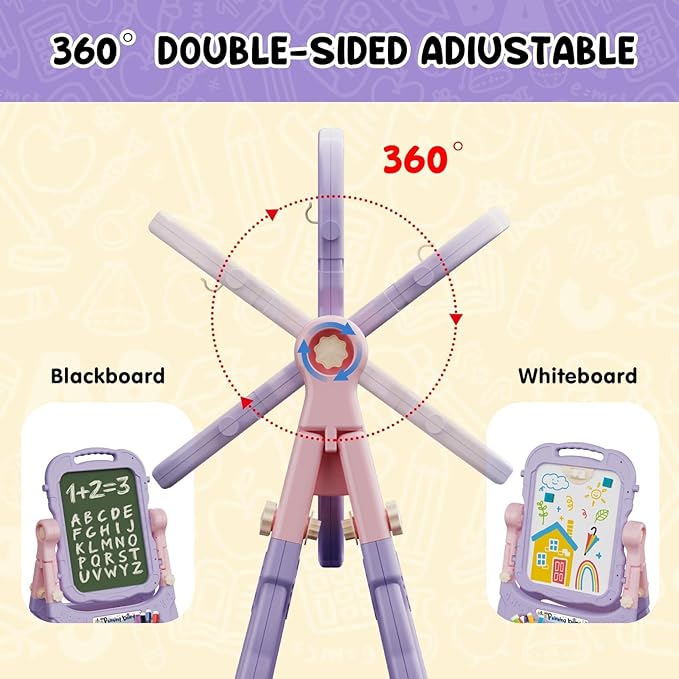 Easel for Kids, Kids Easel, Double-Sided Art Easel for Kid 3-4, Chalk Board Kid, Toddler Easel, White Board Kid, Kid Art Easel, Art Easel for Kid Age 4-8, Christmas Gift for Kids, Pink&Purple