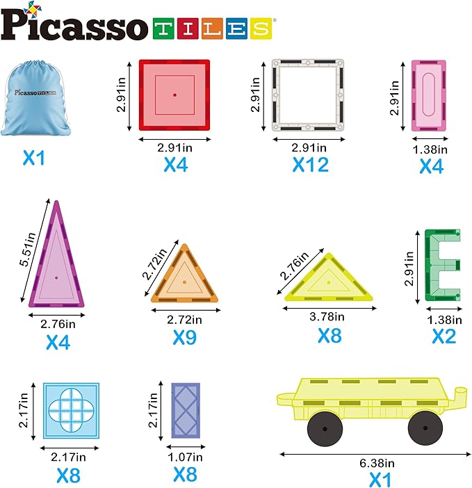 PicassoTiles Magnetic Tiles 61pc Magnet Tile Building Blocks Construction Sensory Toy Set with Storage Carry Case Drawstring Bag STEM Kids Learning Educational Pretend Play Boy Girl Ages 3+ & Up PT05