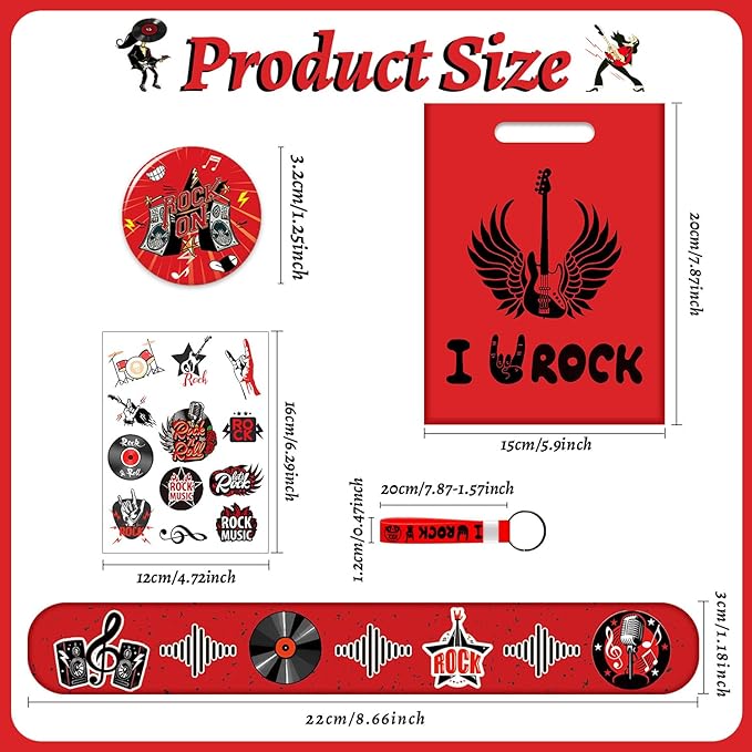 Rock and Roll Party Favors, Rock Star Supplies Decorations Includes 12 Keychain, 12 badge, 12 Bracelet,12Bags, 12 sheet tattoos for 80s 90s Rock Party Favors Goodie Bags Stuffers