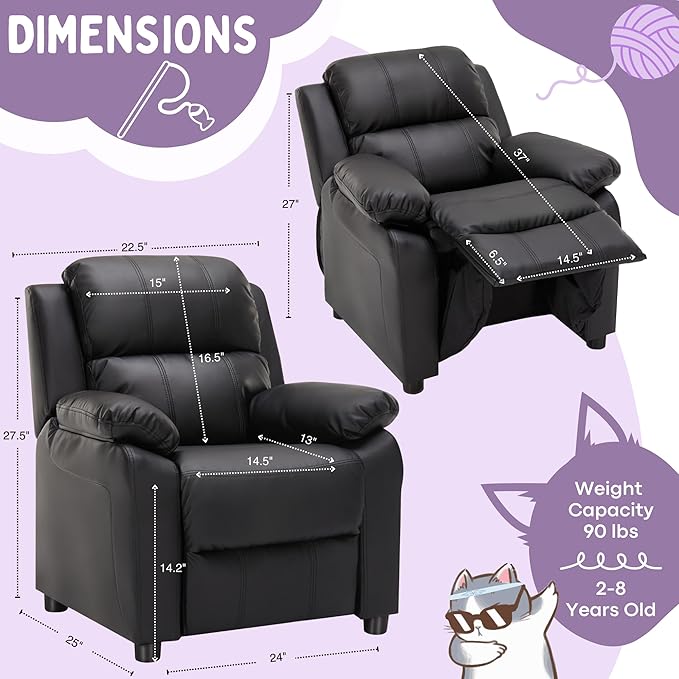 Macaron Kids Reclining Chair Recliner Dual Storage Armrest Leather Sofa Toddler Youth Children Child Ages 2-8