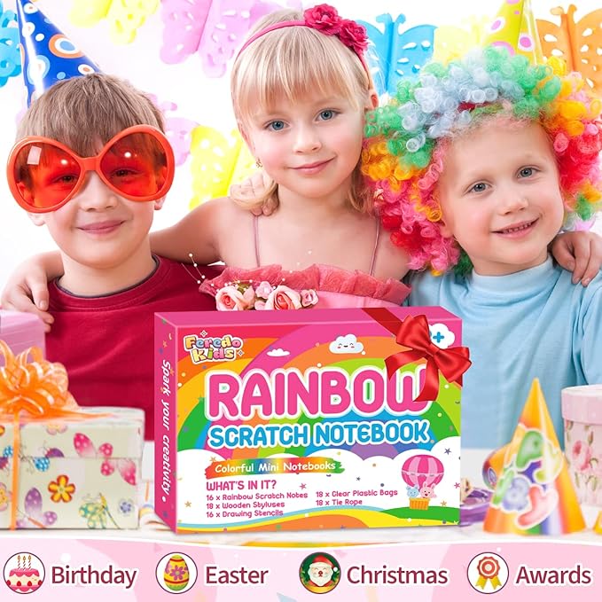 Party Favors for Kids: 16 Pack Rainbow Scratch Art Notebook Classroom School Supplies Bulk for Girls Boys Goodie Bags Stuffers, Return Gifts for Birthday Party Valentines Gift Kid Crafts
