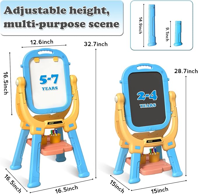 Easel for Kids, Rotatable Double Sided Magnetic Drawing Board Adjustable Height Easel Stand Toddlers Art Easel with 79pcs Art Supplies, Blue