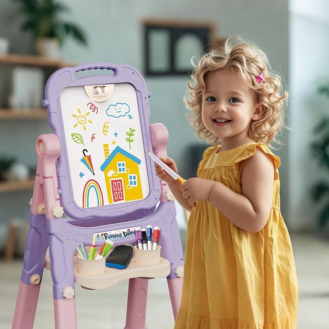 Easel for Kids, Kids Easel, Double-Sided Art Easel for Kid 3-4, Chalk Board Kid, Toddler Easel, White Board Kid, Kid Art Easel, Art Easel for Kid Age 4-8, Christmas Gift for Kids, Pink&Purple