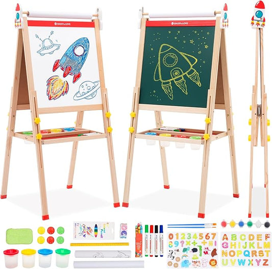 Easel for Kids Art Easel with Paper Roll, Wooden Toddler Easel for Kids Ages 2-4 4-8 8-12, Kids Painting Easel with Double Sided Chalkboard Whiteboard and Folding Storage Tray, Gift for Boys Girls