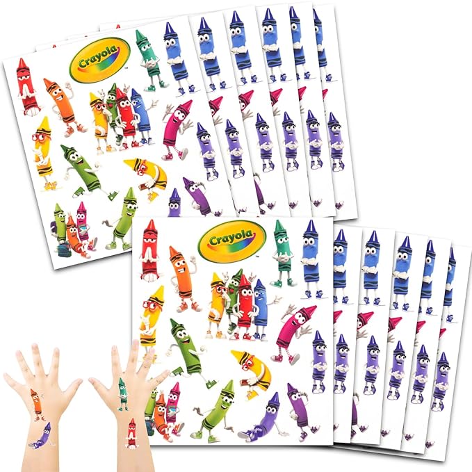 Crayola Party Favors for Boys & Girls Bundle ~ 12 Pack Crayola Crayon Temporary Tattoo Sheets for Kids Birthday Party Goodie Bags | Crayola Colors Party Supplies