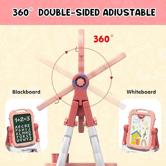 Easel for Kids, Kids Easel, Double-Sided Art Easel for Kid 3-4, Chalk Board Kid, Toddler Easel, White Board Kid, Kids Art Easel, Art Easel for Kids Ages 4-8, Christmas Gifts for Kids,Red&Pink