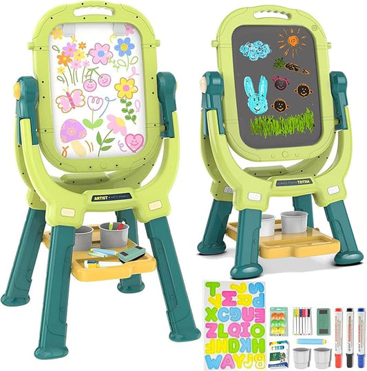 Easel for Kids, Toddler Art Easel Adjustable Standing, Magnetic Double Sided Easel with Painting Accessories Gift for Boys and Girls (Green)