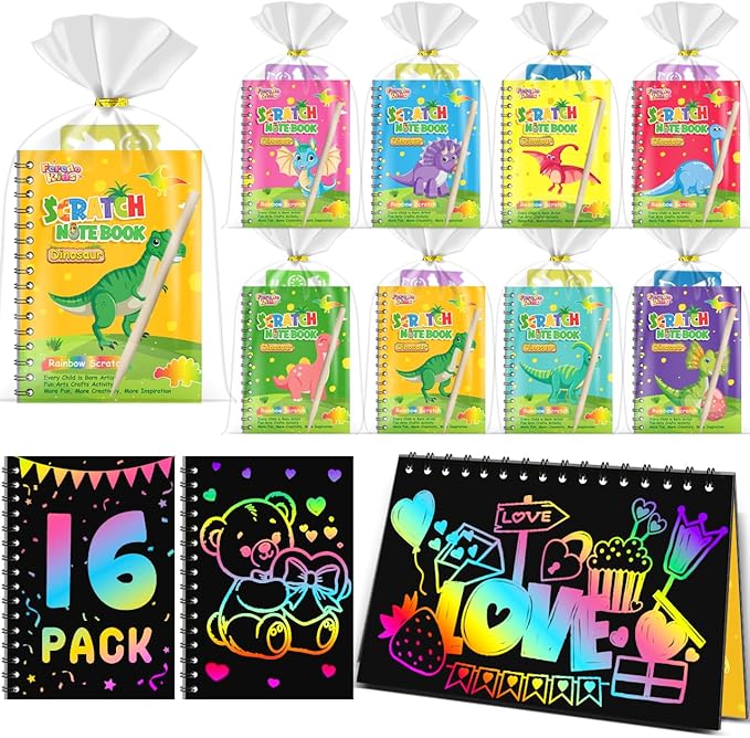 Party Favors Birthday Gifts for Kids: 16 Pack Scratch Art Notebook Party Favors for Kids Goodie Bags Stuffers Girls Boys Art Craft Kit Birthday Gifts for Classroom Prizes Christmas Gifts - Dinosaur