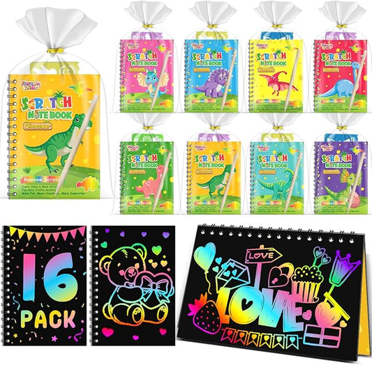 Party Favors Birthday Gifts for Kids: 16 Pack Scratch Art Notebook Party Favors for Kids Goodie Bags Stuffers Girls Boys Art Craft Kit Birthday Gifts for Classroom Prizes Christmas Gifts - Dinosaur