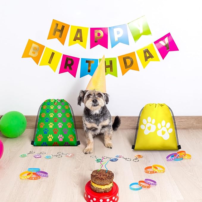 Talltalk 48 Pcs Paw Dog Party Supply Puppy Dog Party Favor Set 16 Paw Print Drawstring Bags Gift Goodie Bags 16 Paw Wristband Rubber Bracelet 16 Patrol Keychain for Puppy Birthday Party Favor Boy Girl