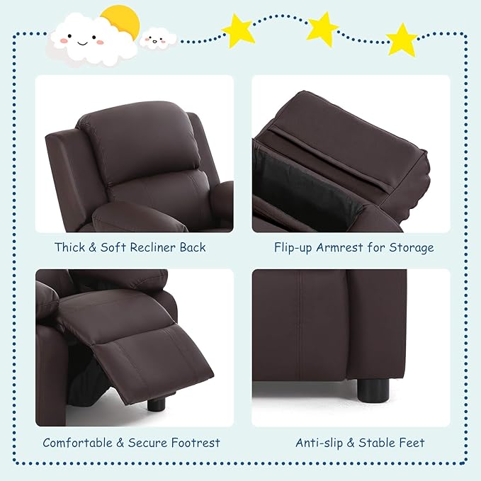 Kids Recliner, Leather Lounge Chair w/Footrest, Armrest, Headrest & Lumbar Support, Ergonomic Toddler Sofa Armchair for Boys Girls (Brown)