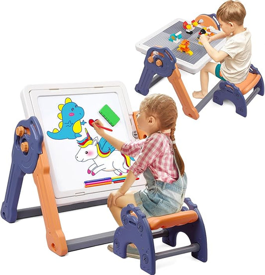 Easel for Kids, Foldable Toddler Easel with Building Block Table, Kids Standing Art Easel with Painting Accessories, Dry Erase Board Magnetic Whiteboard for Kids Toddlers Boys Girls
