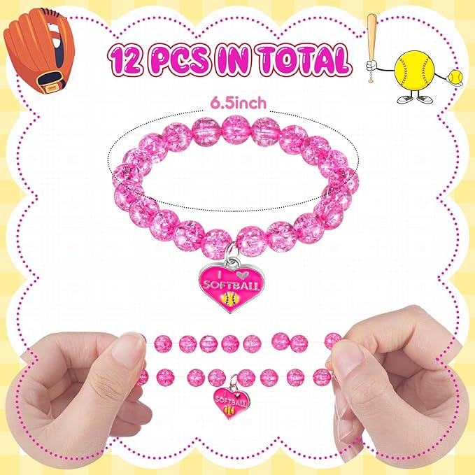 Sasylvia 12 Pcs Softball Bracelets Bulk Softball Goodie Bags Softball Party Favors Softball Jewelry Charm for Women Teens Sport Birthday Party Christmas Gifts Baseball Favor for Team