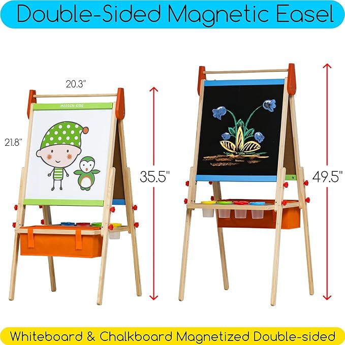 MEEDEN Wooden Art Easel for Kids: Double-Sided Painting Kids Easel for Toddlers with Paper Rolls - Magnetic Easel with Chalkboard & Deluxe Accessories